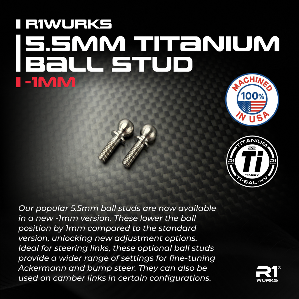 R1WURKS 5.5mm Titanium Ball Stud, -1mm – R1 Brushless Motor Lab, LLC.