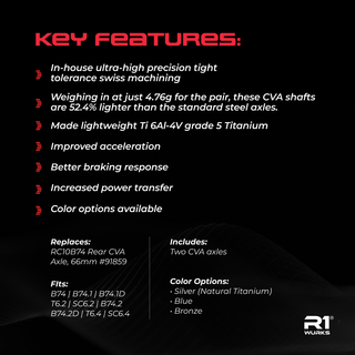 List of key features for CVA shafts with specifications and R1 Wurks branding.