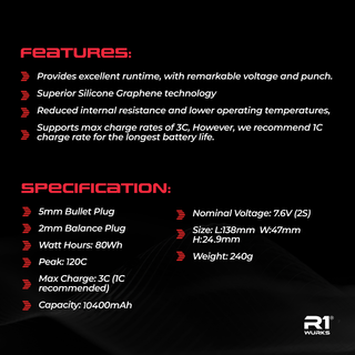 R1WURKS 10400mah 120C 7.6V 2S Stick LiPo Battery, Silicon Graphene