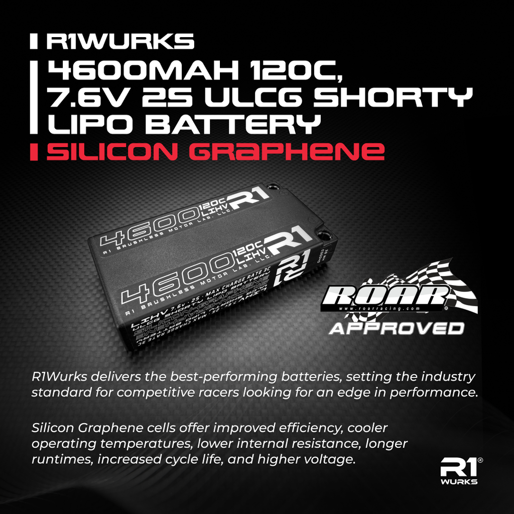 R1WURKS 4600mah 120c 7.6v 2S ULCG Shorty LiPo Battery, Silicon Graphen