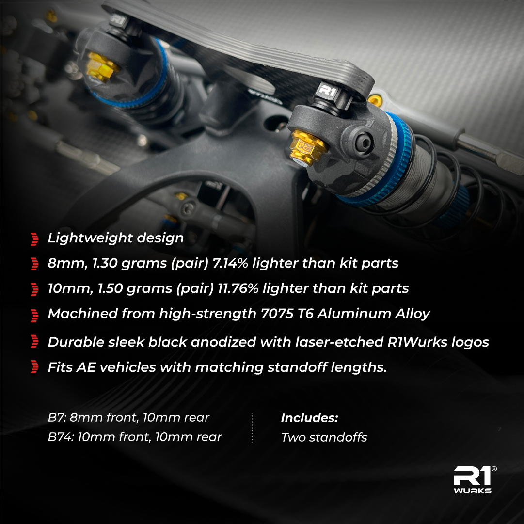 R1WURKS Shock Stand-offs, Black, Aluminum – R1 Brushless Motor Lab R1WURKS Shock Stand-offs, Black, Aluminum – R1 Brushless Motor Lab